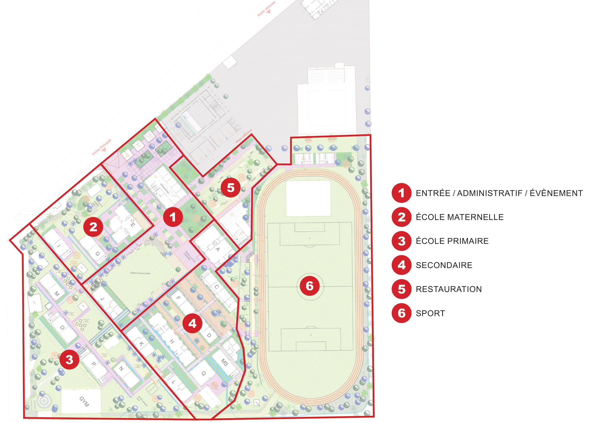 Plan de masse du campus organisé en six pôles : entrée, maternelle, primaire, secondaire, restauration et sport