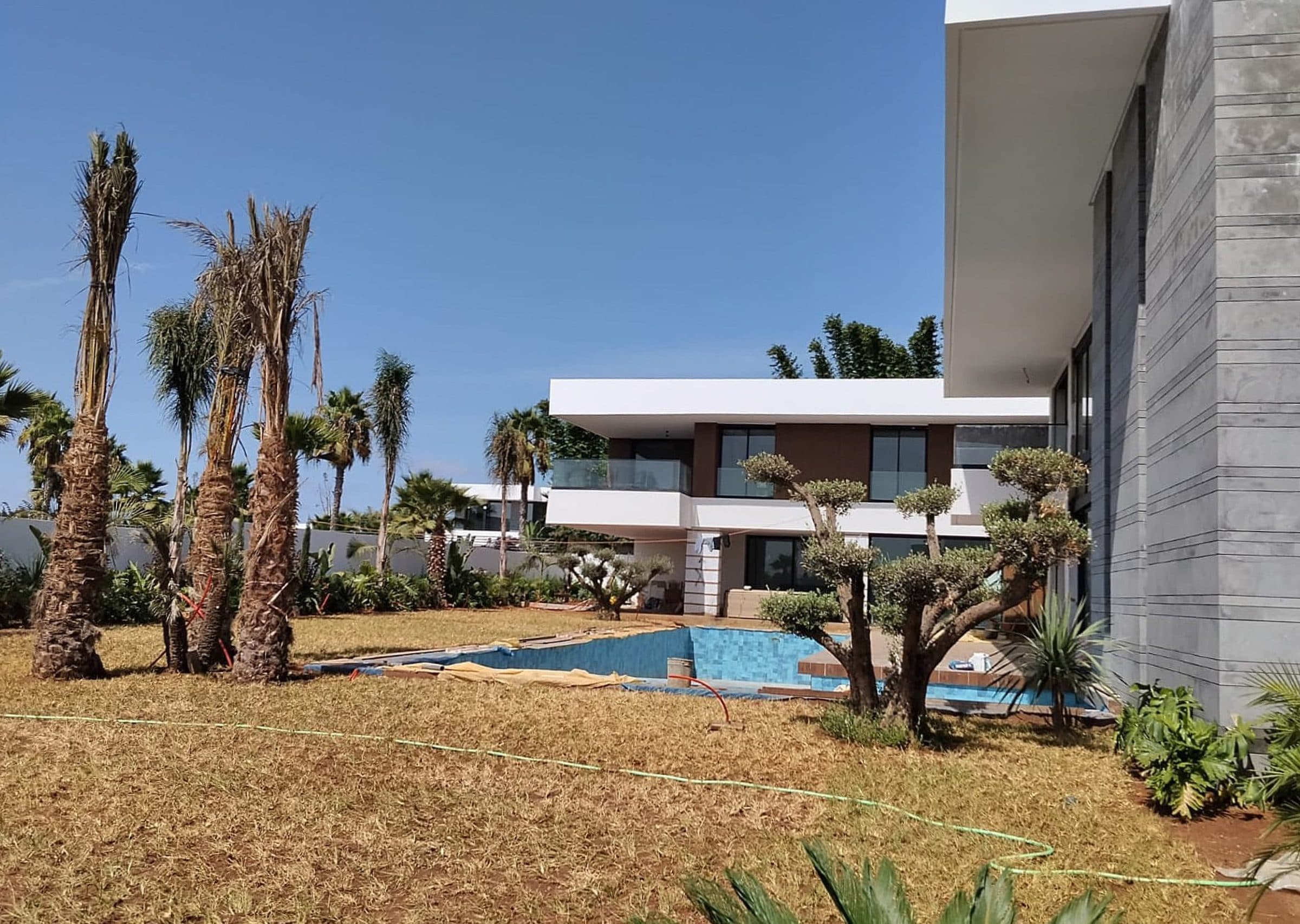 La villa Alba, sa piscine centrale et le jardin de palmiers