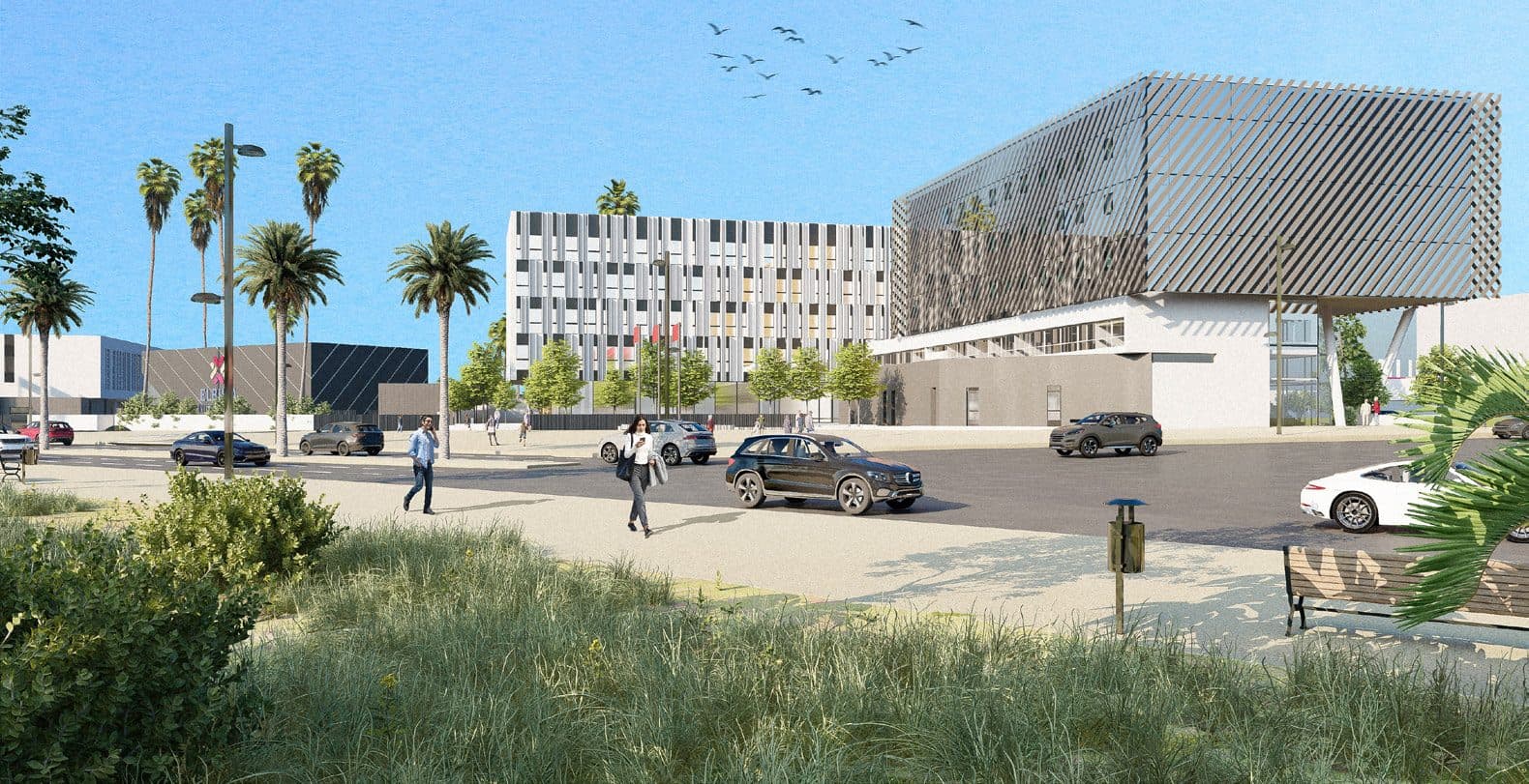 Bâtiment à la façade en résille métallique