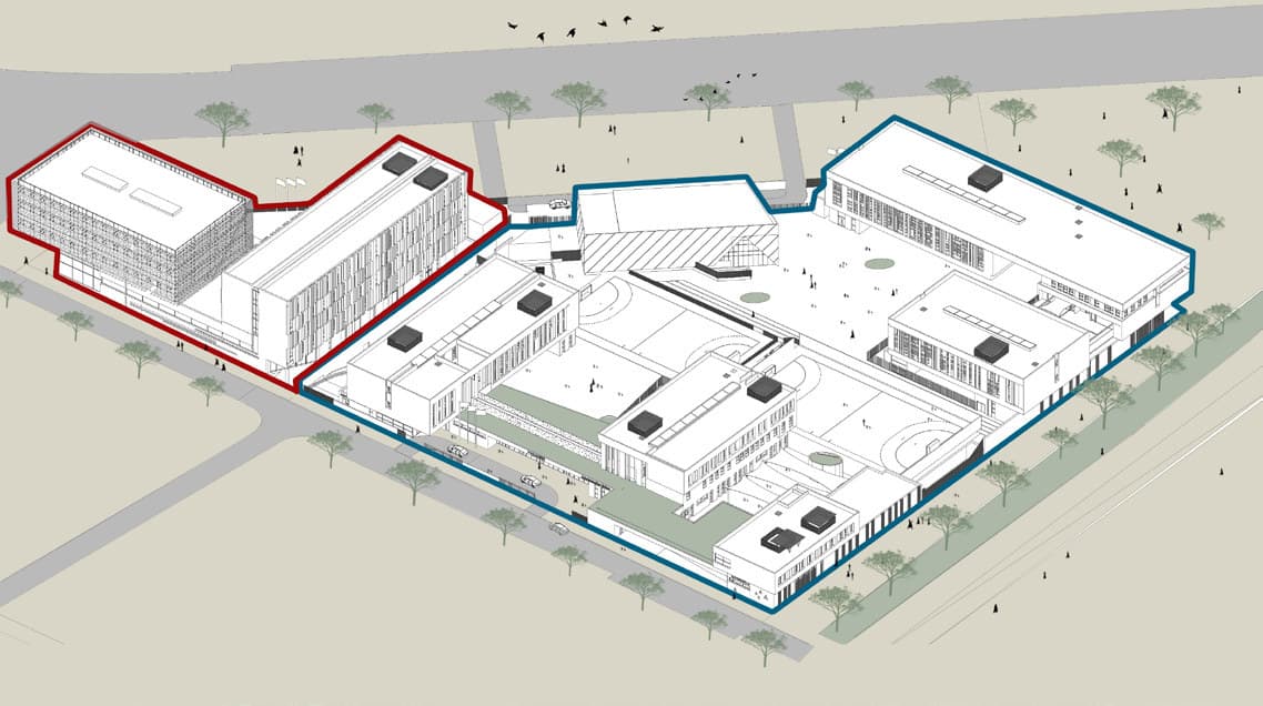 Axonométrie du groupe scolaire, les deux phases du projet cernées en bleu et en rouge