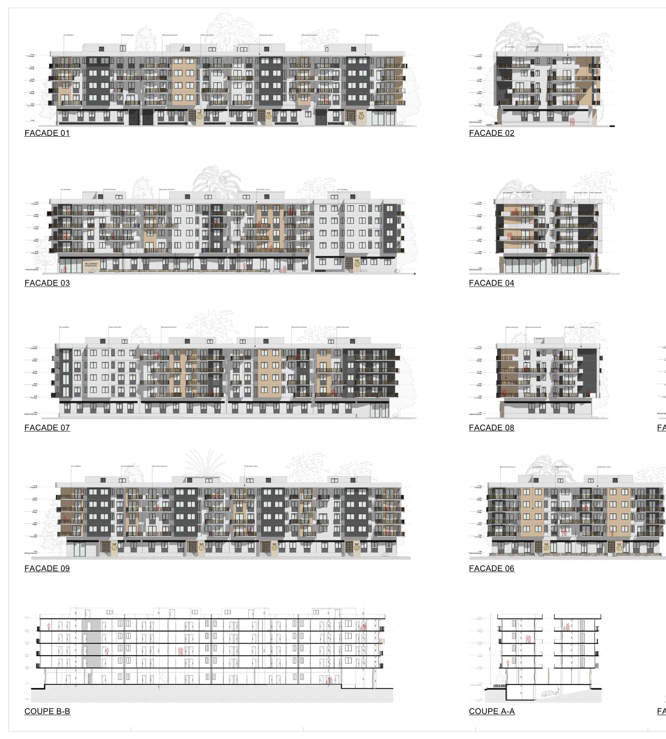 Planche des façades et des coupes de la résidence