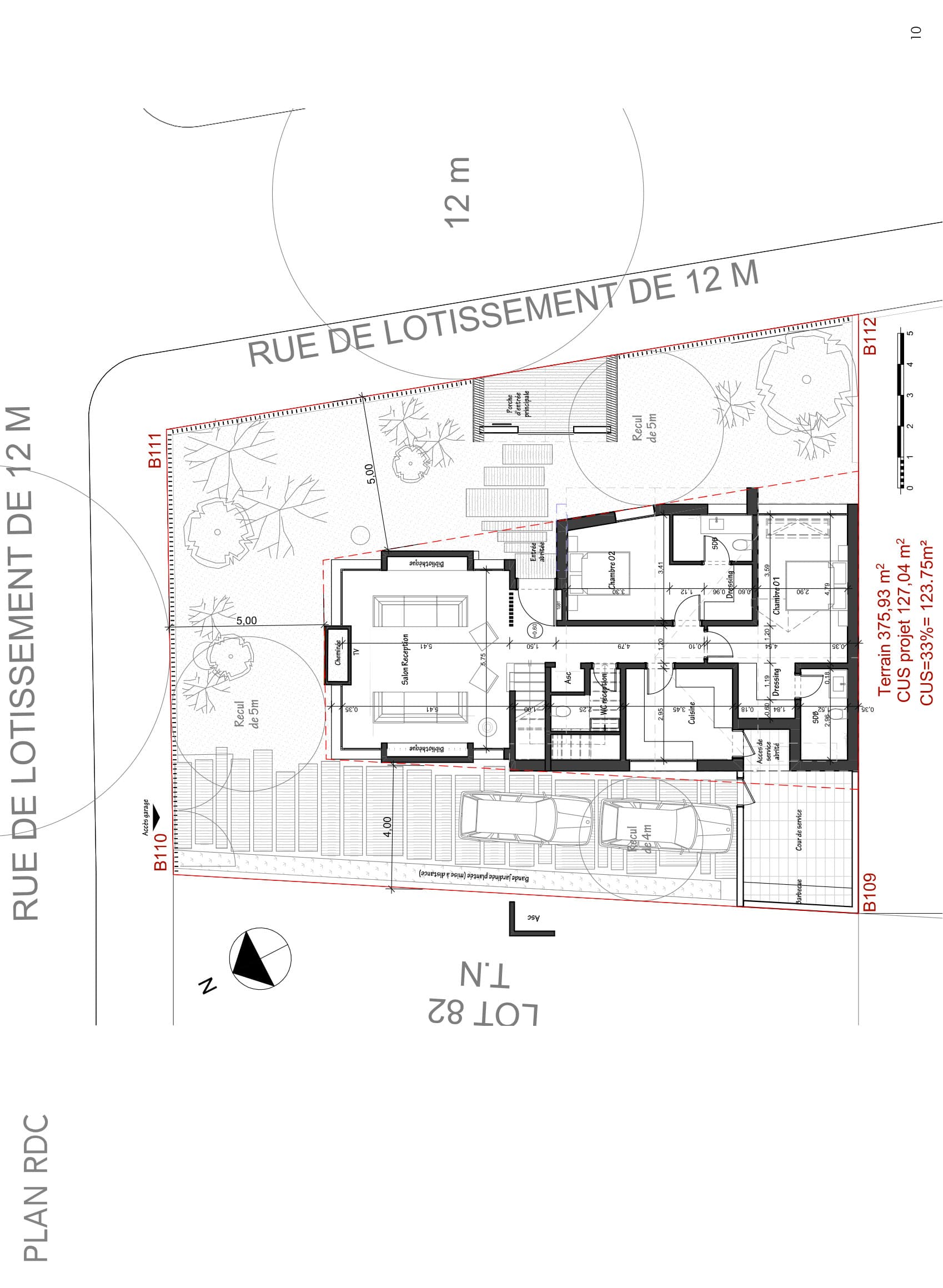 Plan du rez-de-chaussée de la villa sur sa parcelle