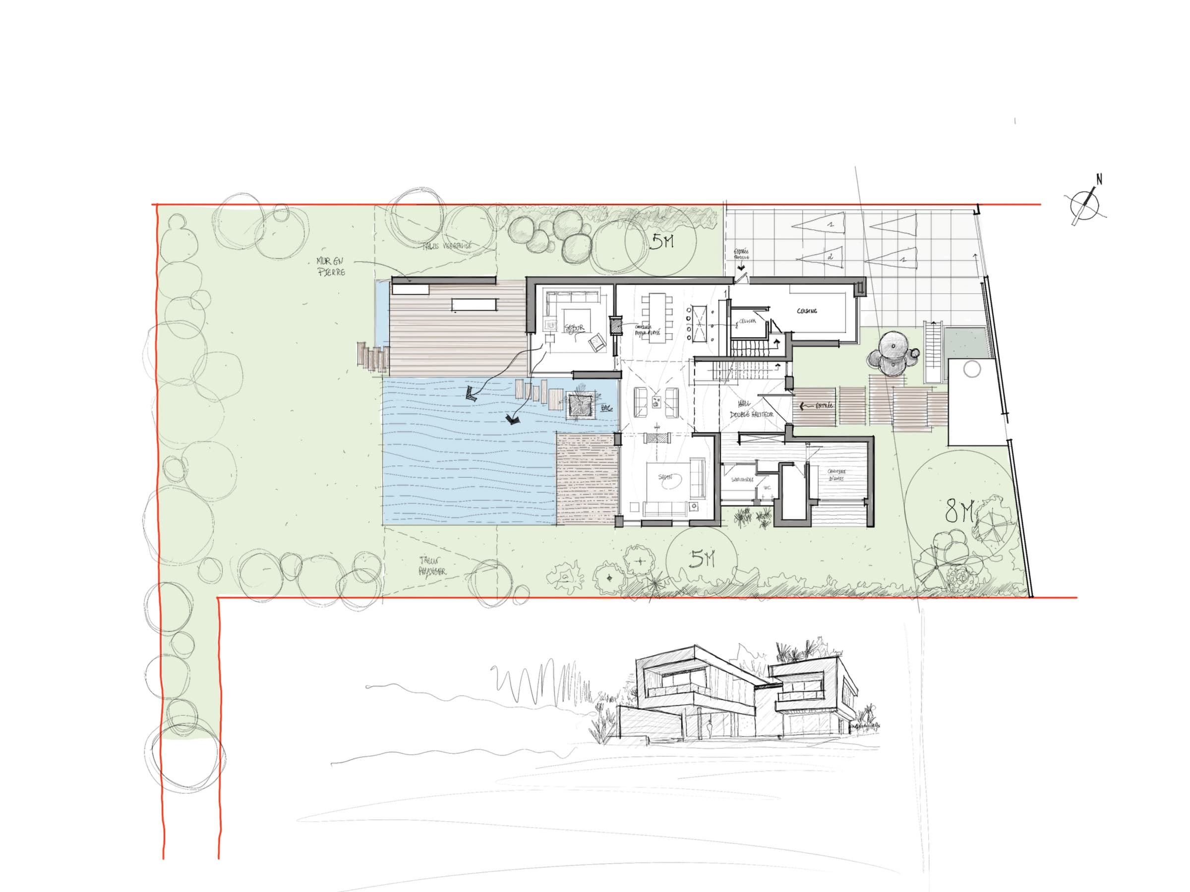 Plan du rez-de-chaussée et croquis de la villa